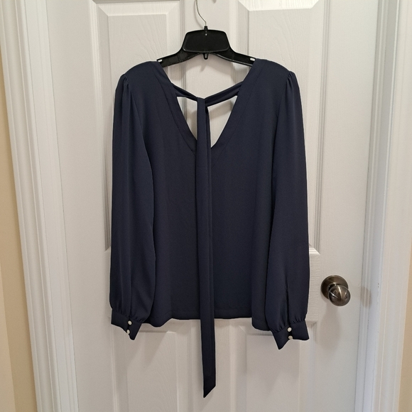 Loft Blouse Tie Back Blue Women's Small V-neck Long Sleeved Gathered Shoulder - Picture 3 of 16